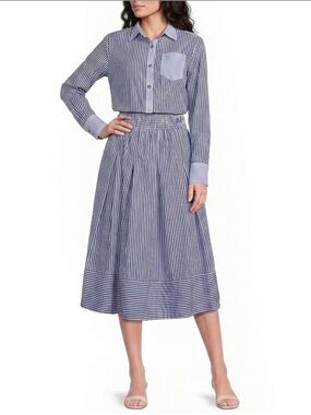 Buru Striped Button Down and Smocked Midi Skirt Set - Size Small